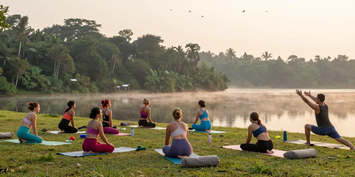 Yoga teacher training Sri Lanka session by the lake at sunrise with students in vibrant attire.