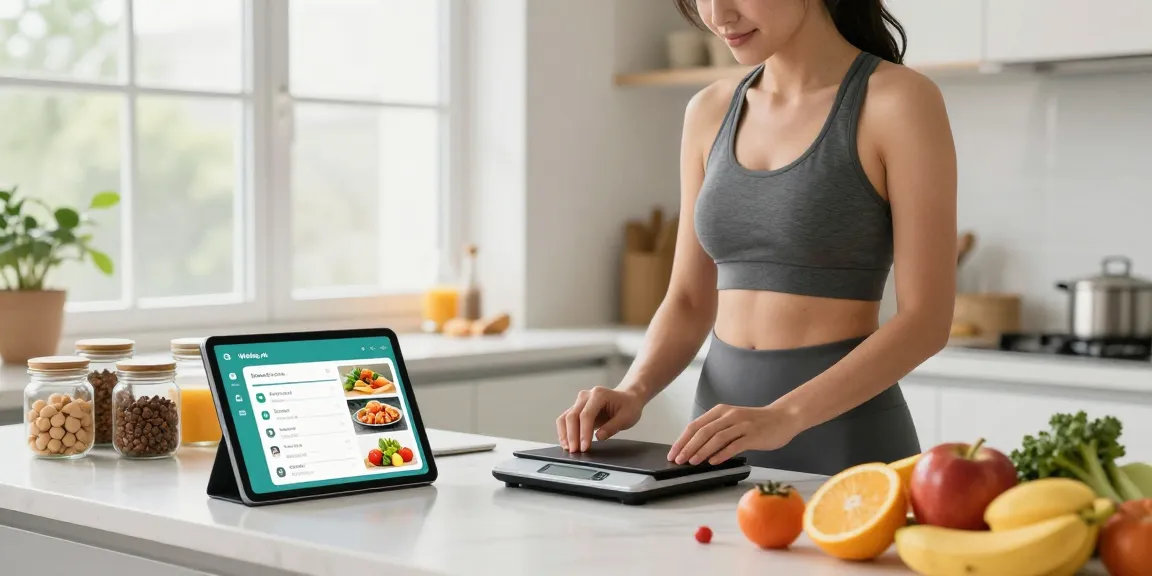 The best weight loss app showcased by a woman preparing a healthy breakfast with ingredient measurements and Welling app on the tablet.