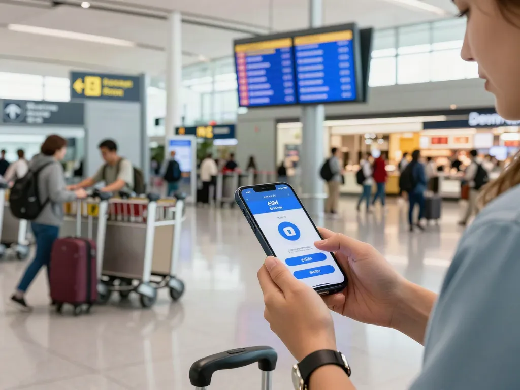 אדם עושה שימוש ב-Esim לחו"ל בעמדת המידע בשדה התעופה
