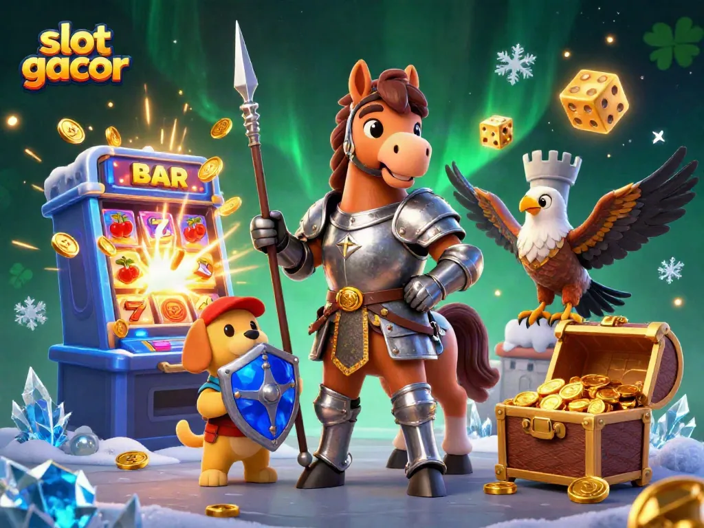 Permainan slot gacor dengan ilustrasi kesatria abad pertengahan, koin dan efek cahaya memukau.