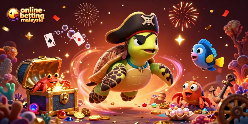 Experience online betting malaysia with a vibrant 3D casino-themed illustration showcasing animated characters surrounded by various gaming elements.