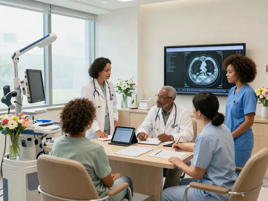 Lung cancer care team collaborating to enhance patient treatment options in a modern healthcare facility.