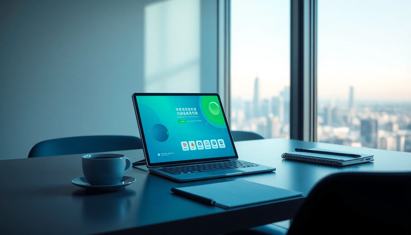 快连下载 application displayed on a modern device in a sleek workspace, showcasing seamless connectivity.