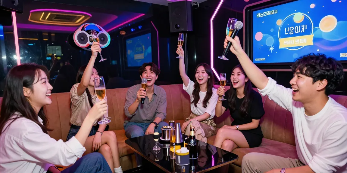 Vibrant atmosphere at 강남가라오케 with friends enjoying a celebration in a luxurious private room.