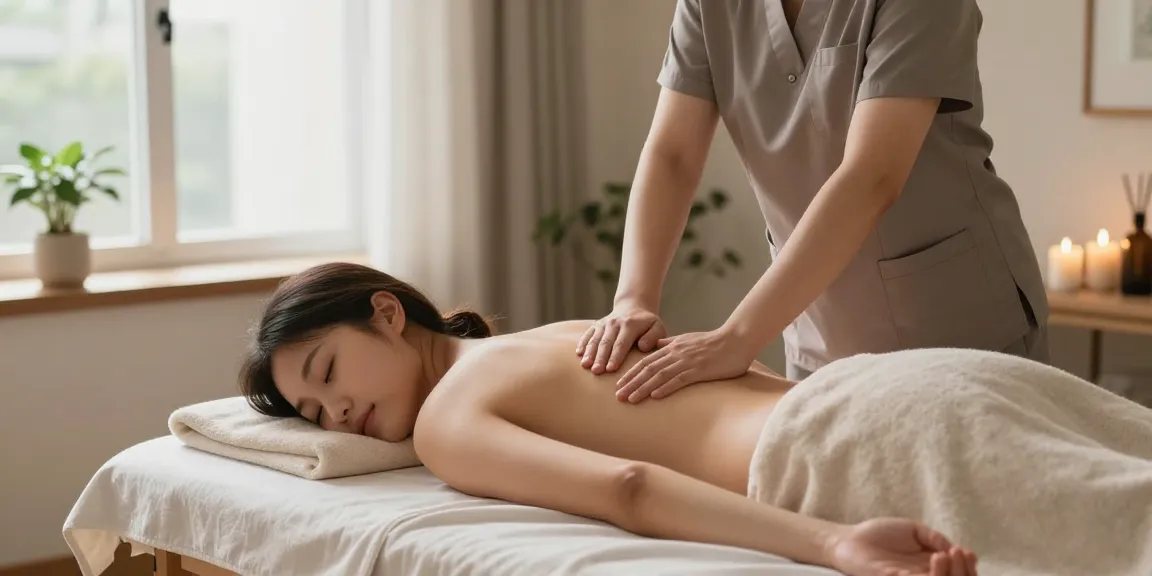 광진구출장안마 서비스를 제공하는 편안한 마사지 환경, 아로마 오일과 부드러운 수건, 차분한 분위기 연출