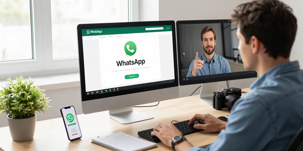 User accessing WhatsApp網頁版 on desktop screen in a bright modern workspace, engaged in video calls and messaging, creating a productive atmosphere.