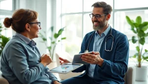 Enhance Health engagement with a patient consultation in a modern clinic atmosphere.