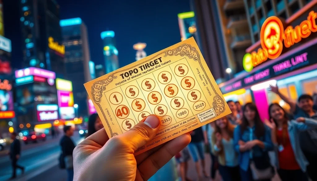 Memegang tiket togel resmi yang bersinar di tengah perayaan kota yang meriah.