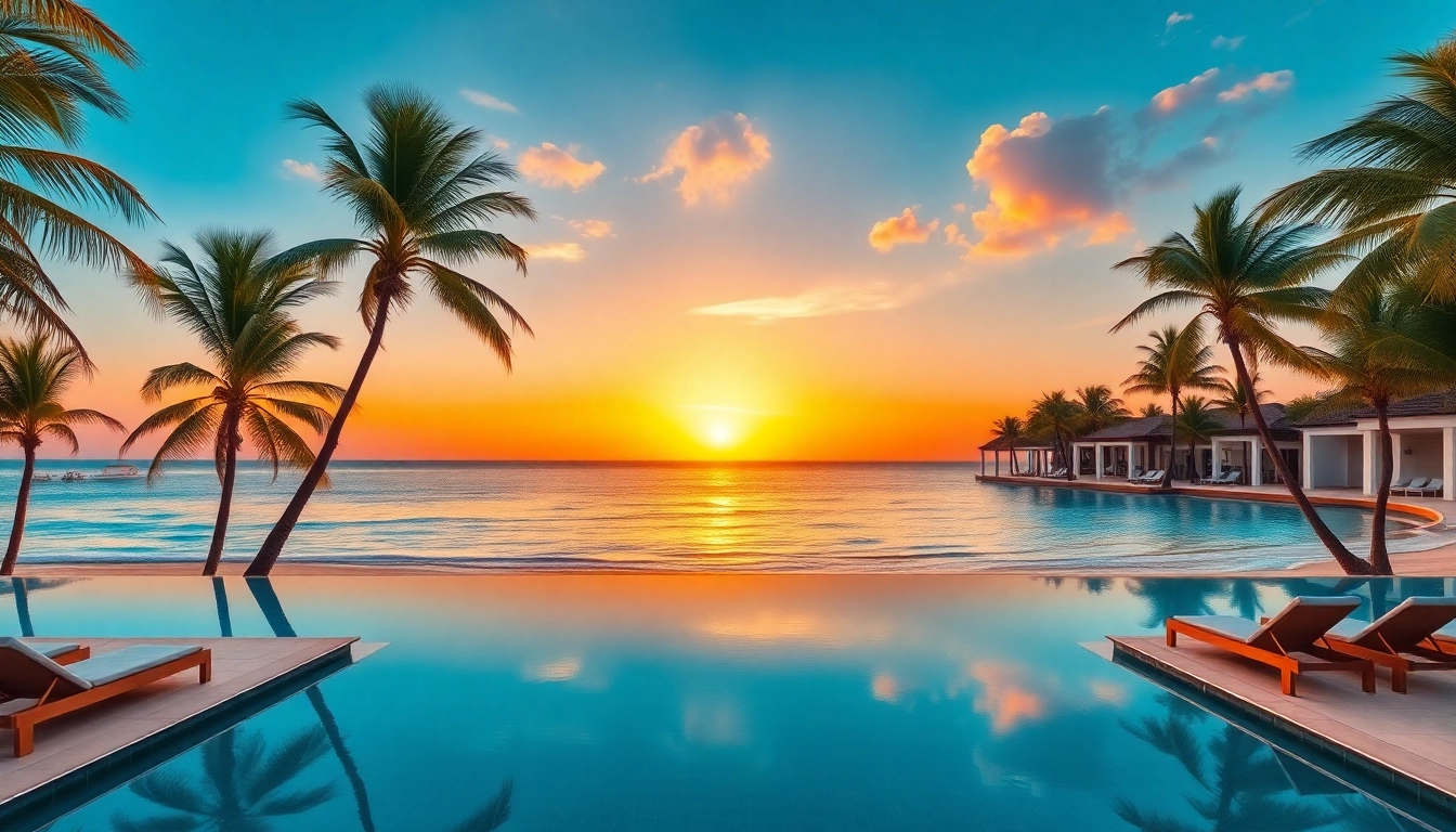 Experience a Luxury Cabo vacation at a stunning beachfront resort with palm trees and sunset.