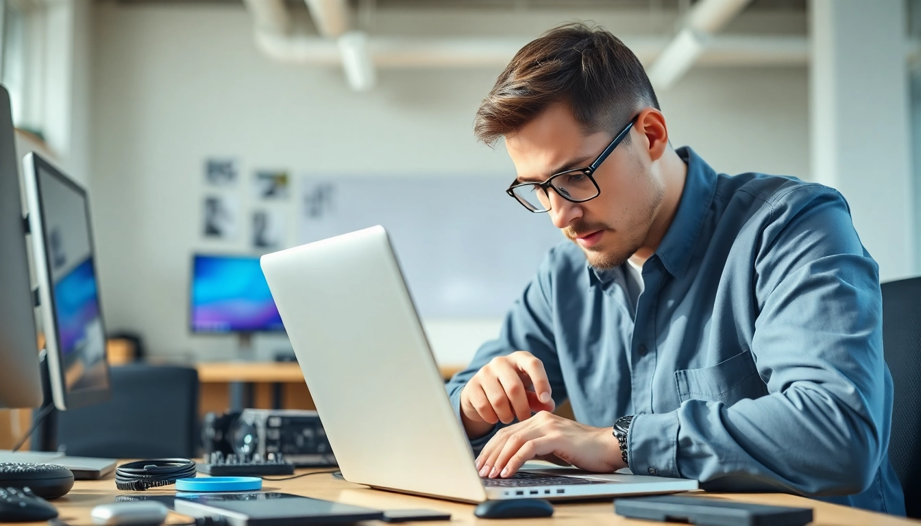 Providing computer help near me with expert technician fixing a laptop in a modern workspace.