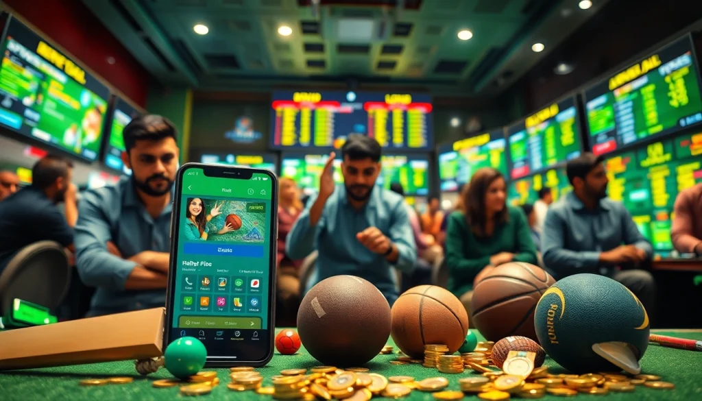 Engaged bettors exploring the best sports betting sites in India, with dynamic sports elements and betting apps.