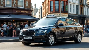 Book a West bridgford Taxi outside a bustling café with vibrant street life.