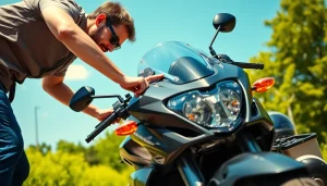 Motorrad fröhlich enthusiast examines a sleek motorcycle in a natural outdoor setting.