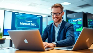 How to migrate to Microsoft 365 securely with an IT specialist managing data transfer in a modern office.