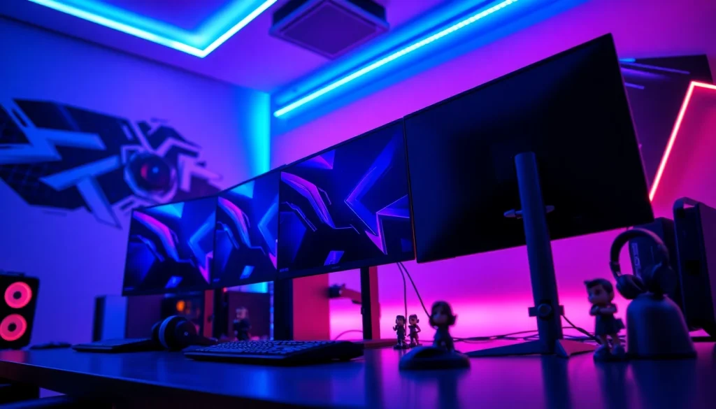 Enhancing gaming experience at https://vj88.online/ with a high-tech gaming setup showcasing multiple monitors and LED lights.