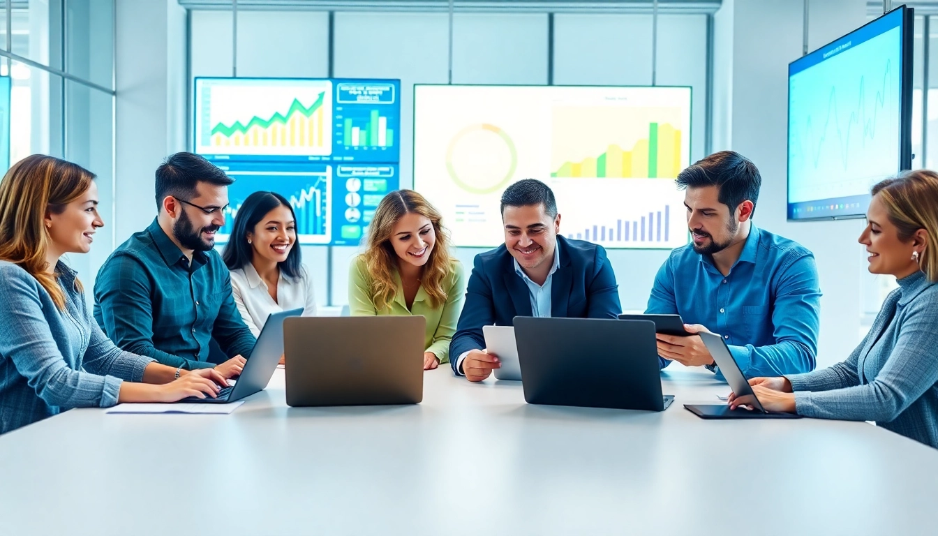 Showcasing a diverse team strategizing around digital marketing at https://fhpts.com with vibrant visuals.