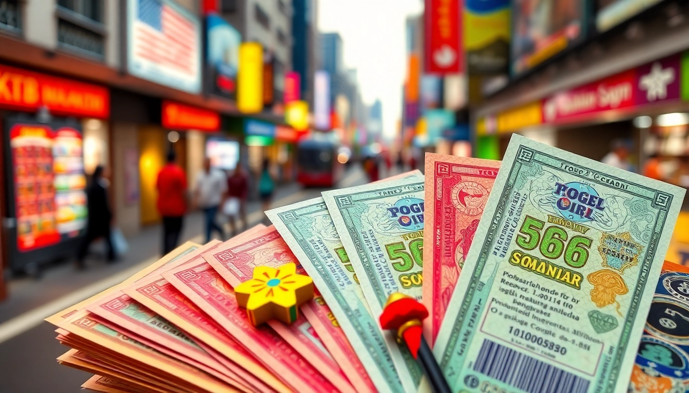 Menampilkan tiket togel resmi yang berwarna-warni dengan desain yang menarik di tengah suasana kota Indonesia.