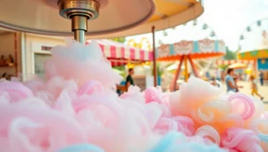 Geniet van heerlijke wafel katoen met kleurrijke suikerspiralen op een kermis.