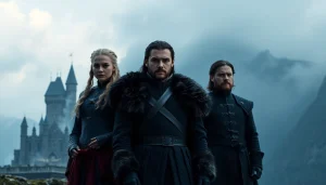 Captivating portrayal of the game of thrones cast including Daenerys, Jon, and Tyrion.