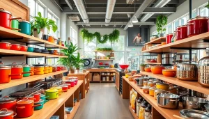 Browse premium kitchenware at a cookware shop Auckland featuring vibrant pots and pans.