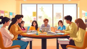 Students collaborating in a bright classroom to enhance Education through interactive learning.