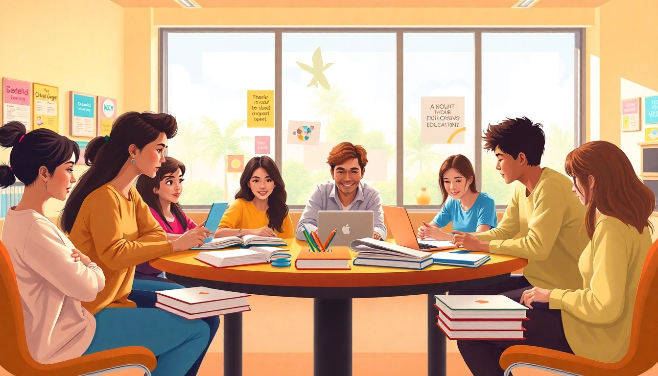 Students collaborating in a bright classroom to enhance Education through interactive learning.