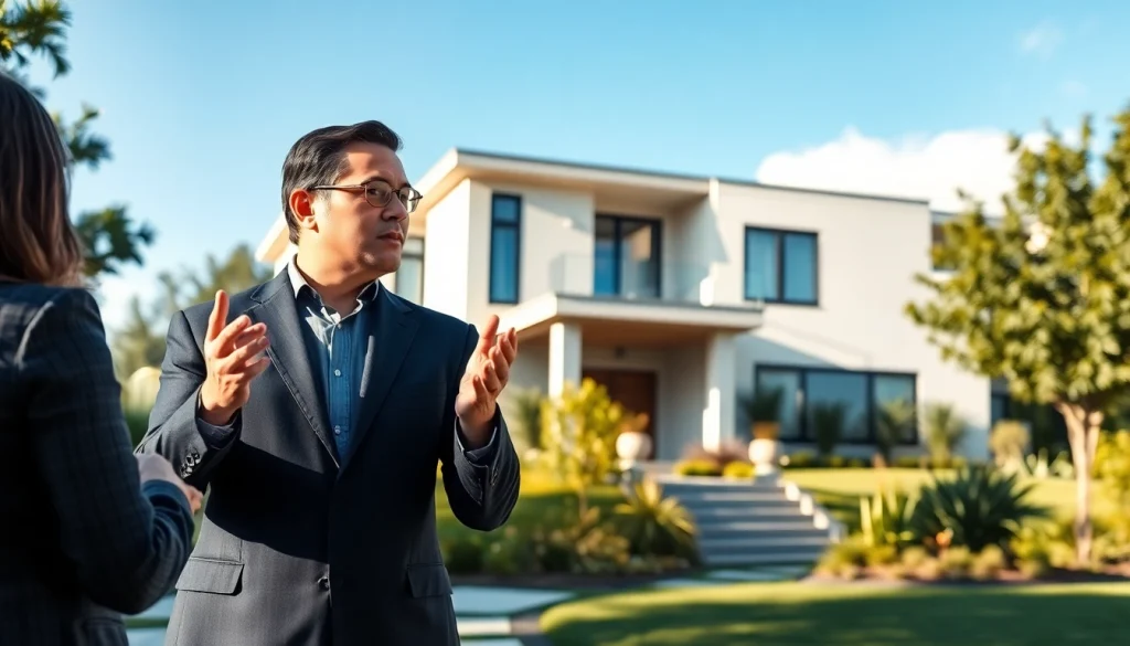 Real Estate agent showcasing a modern home to potential buyers in a bright and inviting environment.