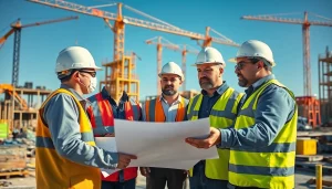 New Jersey General Contractor collaborating with a team on construction plans at a busy site.