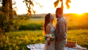 Engagement photographer Tampa capturing a romantic couple at sunset in lush greenery.