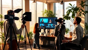 Capture the essence of corporate video production toronto with a team working on a video shoot in an office.