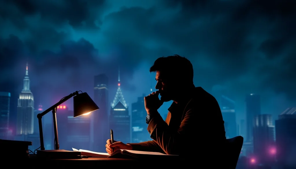 Engaging portrayal of an action thriller author immersed in creative thought amid urban suspense.