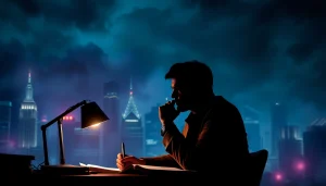 Engaging portrayal of an action thriller author immersed in creative thought amid urban suspense.