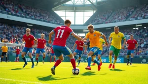 Players showcasing vivid team football kits during an exciting match on the soccer field.