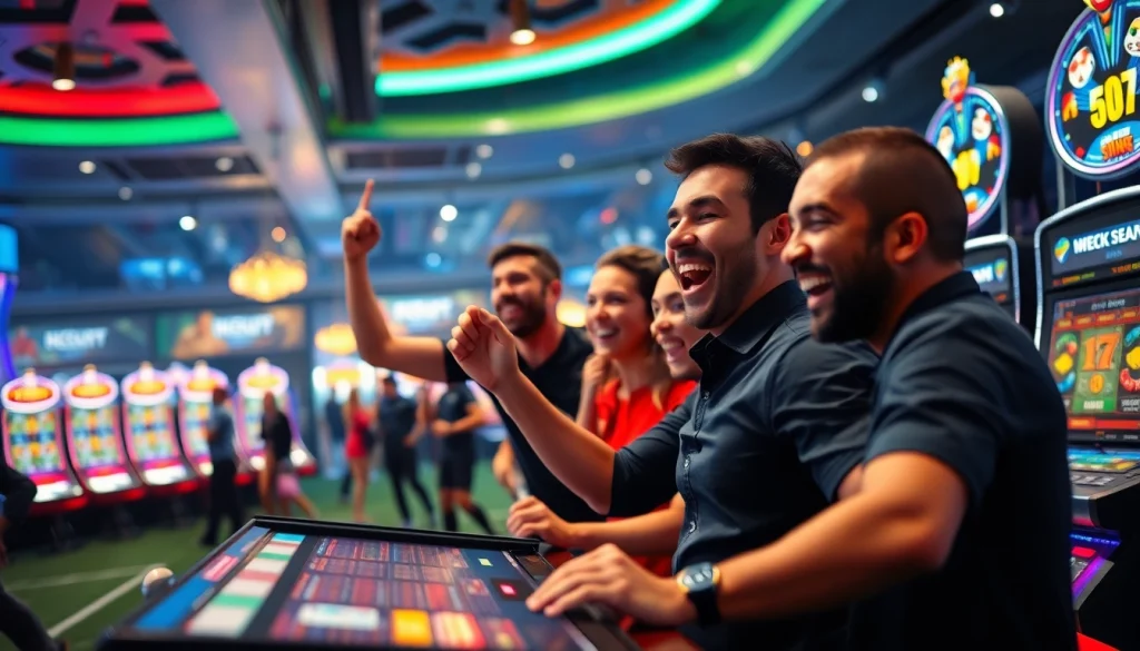 Memperlihatkan bandar bola parlay slot yang ramai dengan pemain dan mesin slot berwarna-warni.
