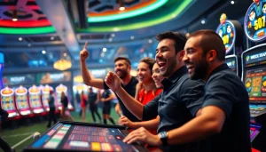 Memperlihatkan bandar bola parlay slot yang ramai dengan pemain dan mesin slot berwarna-warni.