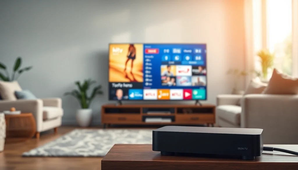 Engaging view of Iron TV Pro streaming device in a modern living room setup.