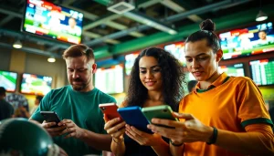 Engaging individuals exploring the best sports betting sites in India in a lively sports bar atmosphere.