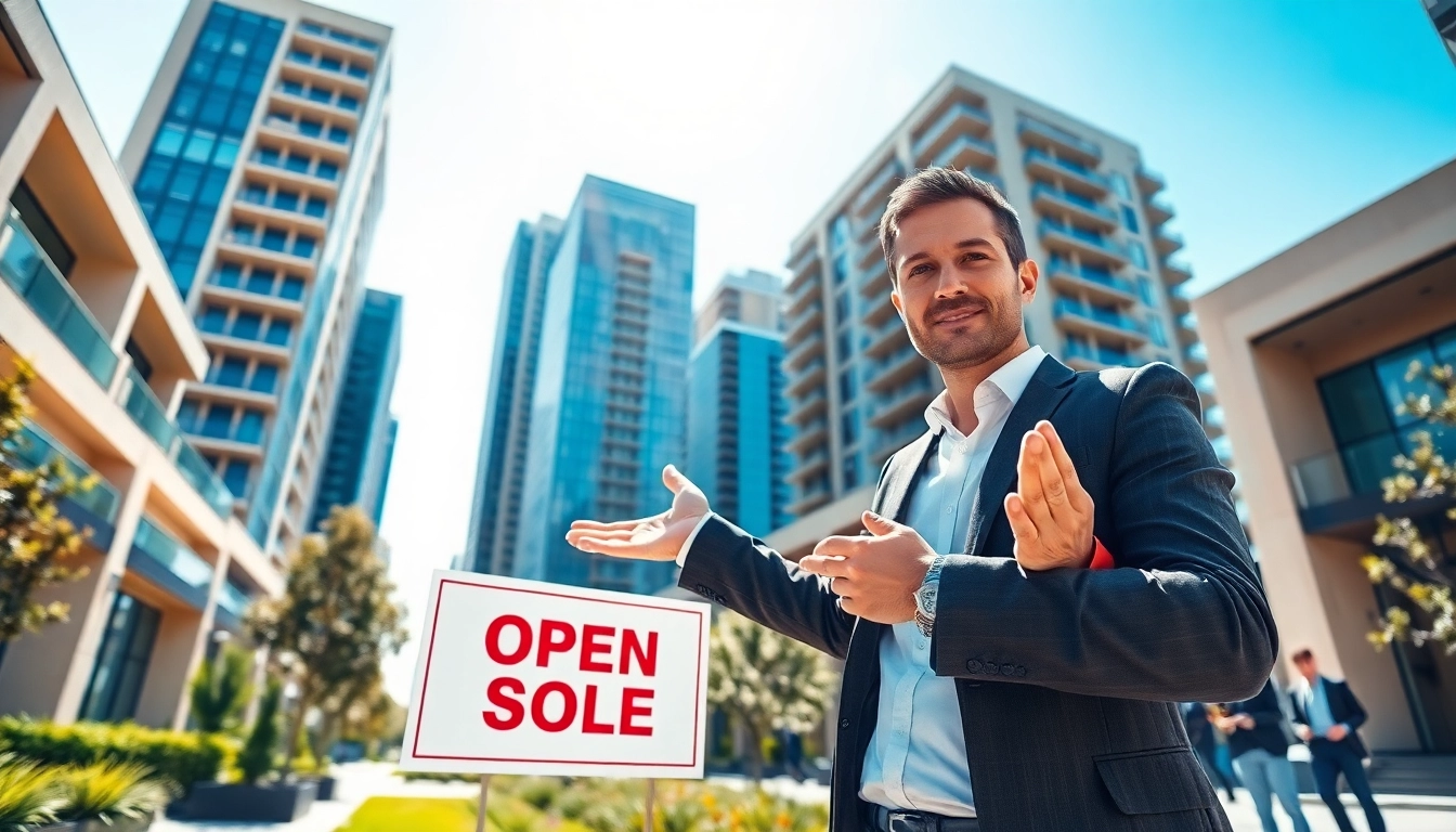 Real Estate agent showcasing a stunning property in an urban environment with modern design.