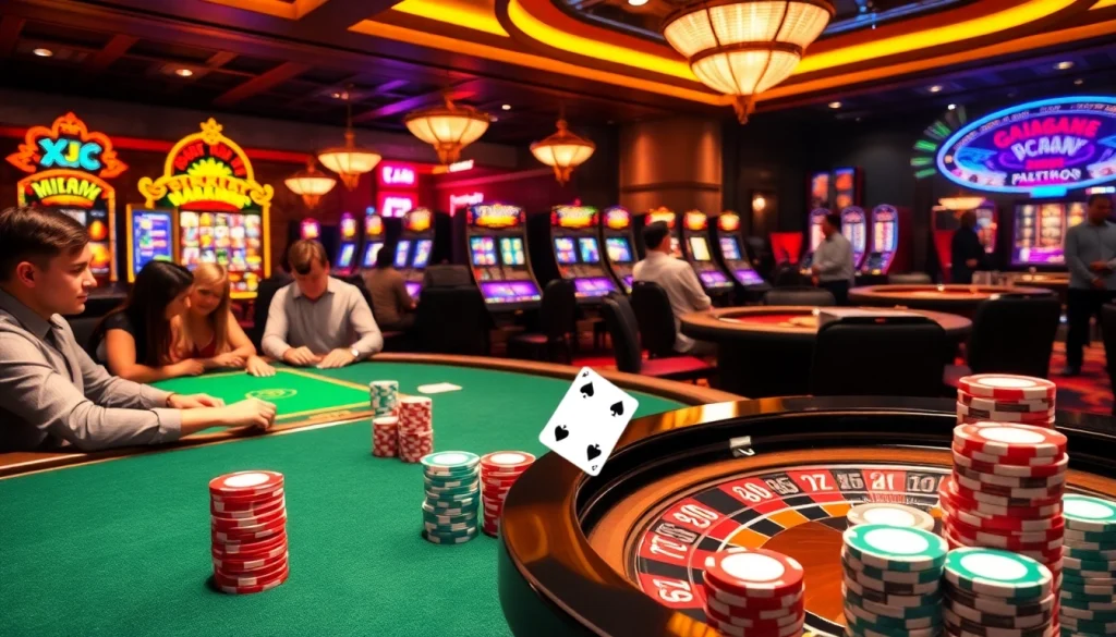KJC AC 2 poker players enjoying thrilling casino games with vibrant slot machines and roulette wheels.