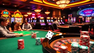KJC AC 2 poker players enjoying thrilling casino games with vibrant slot machines and roulette wheels.