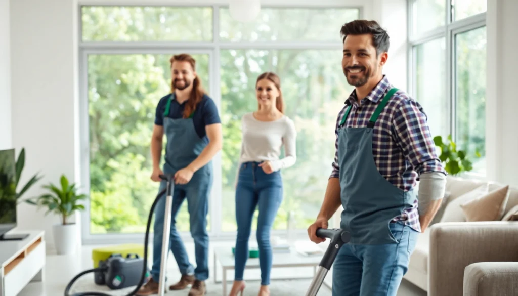 Cleaning Service professionals efficiently cleaning a bright, modern living room, showcasing quality expertise.