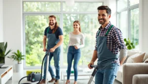 Cleaning Service professionals efficiently cleaning a bright, modern living room, showcasing quality expertise.