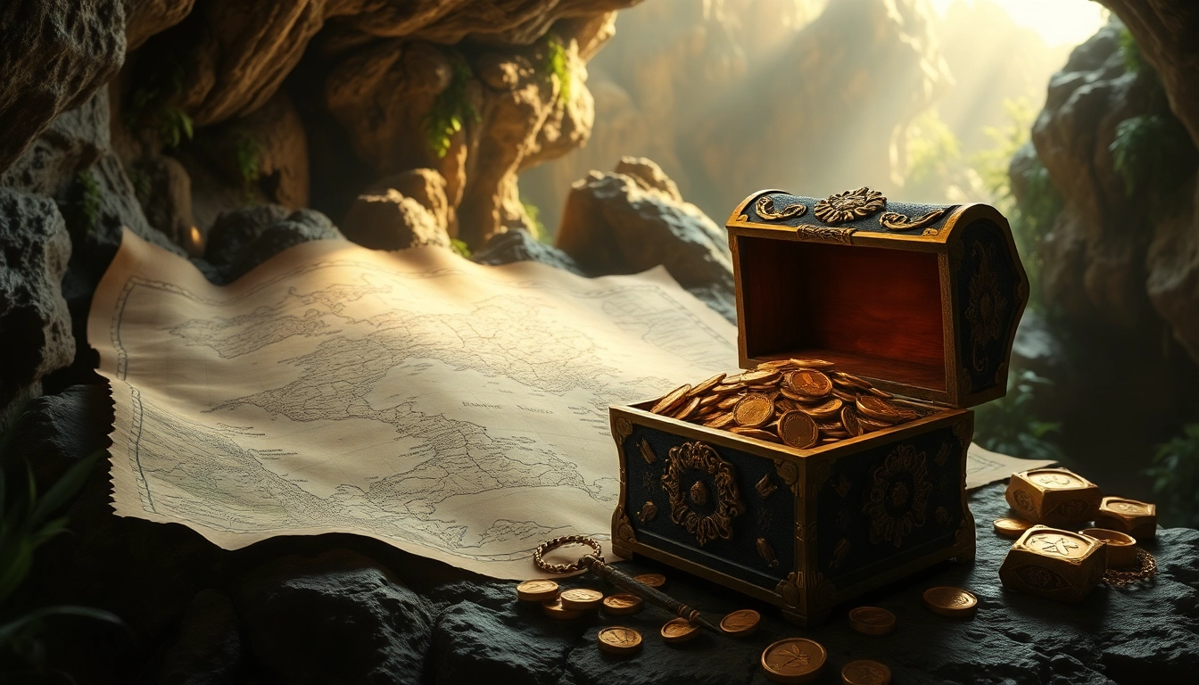 Unearth treasures from King Solomon's Mine with a richly detailed treasure map and gold artifacts.