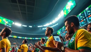 Engage in sports betting Brazil featuring athletes, fans, and betting screens in a vibrant stadium environment.