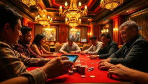 Players enjoying a thrilling poker game at the casino under warm lighting, showcasing the excitement of 79king hn.