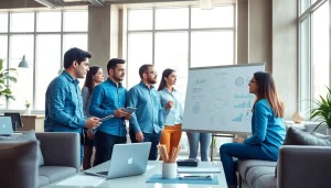 SEO agency professionals collaborating on marketing strategies in a modern office.