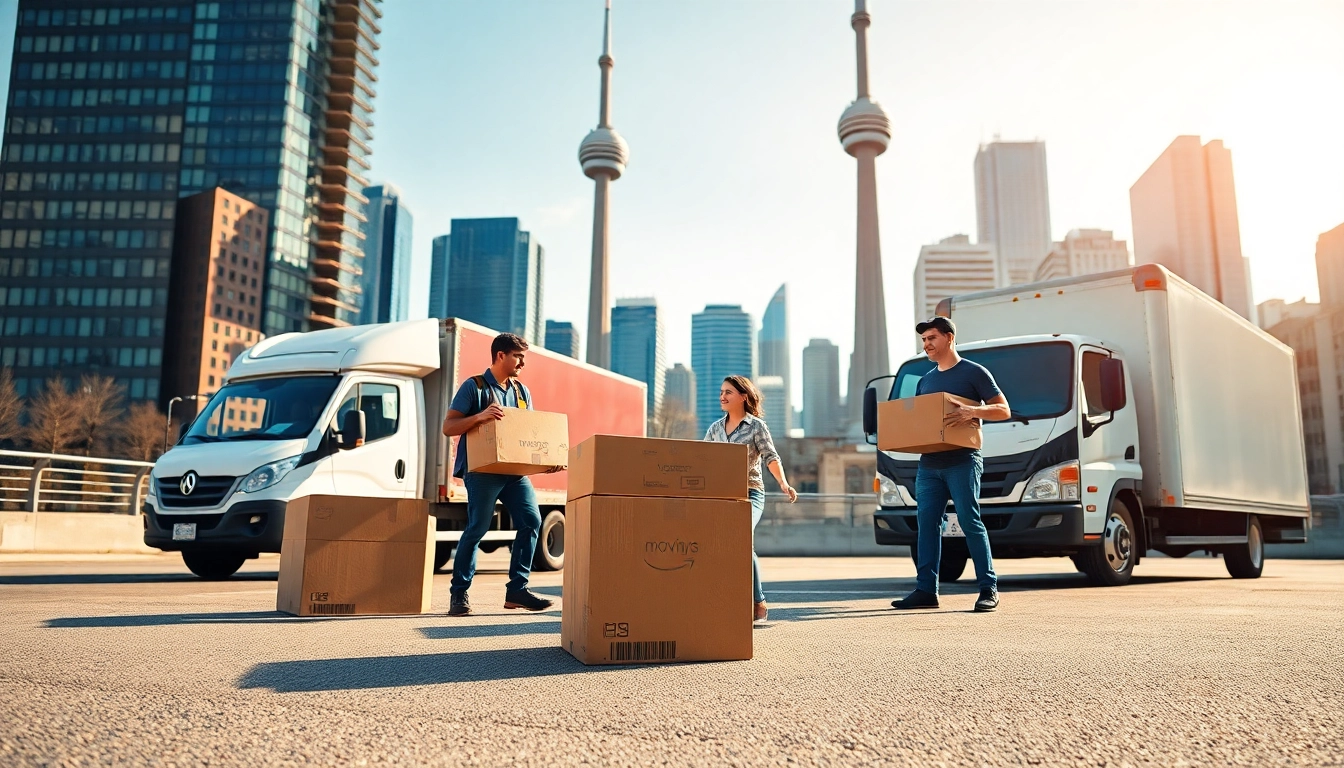 Experienced Toronto moving company team transporting boxes in a vibrant cityscape.
