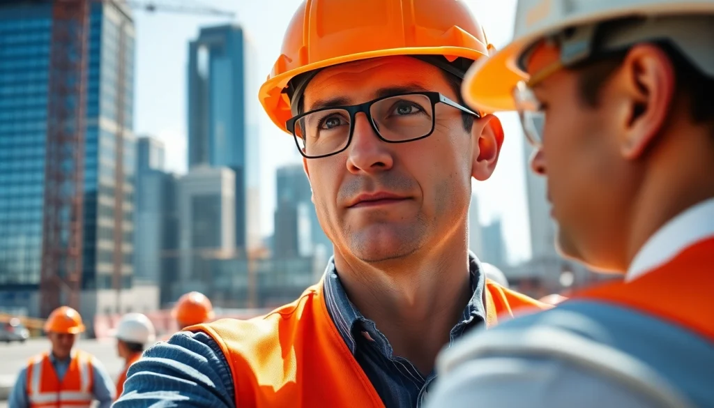 New York Construction Manager supervising a bustling construction site under bright sunlight.