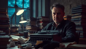 Action thriller author immersed in creative chaos, crafting gripping stories in a dramatic office setting.