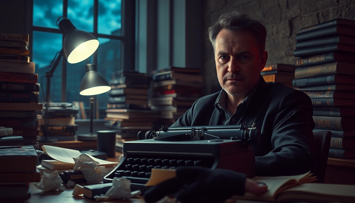 Action thriller author immersed in creative chaos, crafting gripping stories in a dramatic office setting.